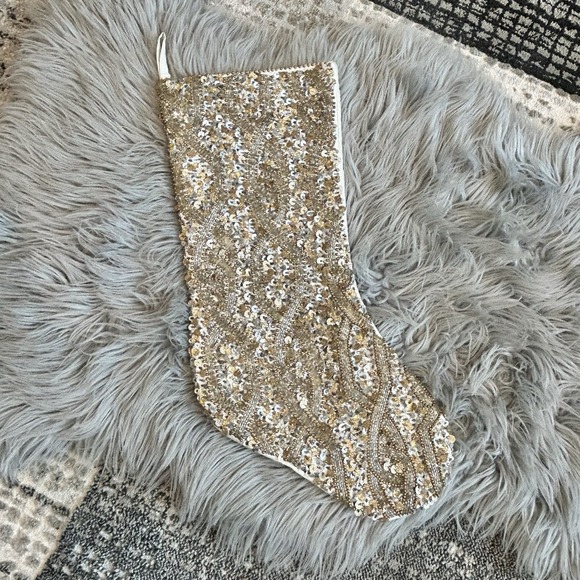 Pier 1 Gold & Silver Beaded- Glitter- Sparkle-Linked Styled Holiday Stocking - Picture 1 of 5